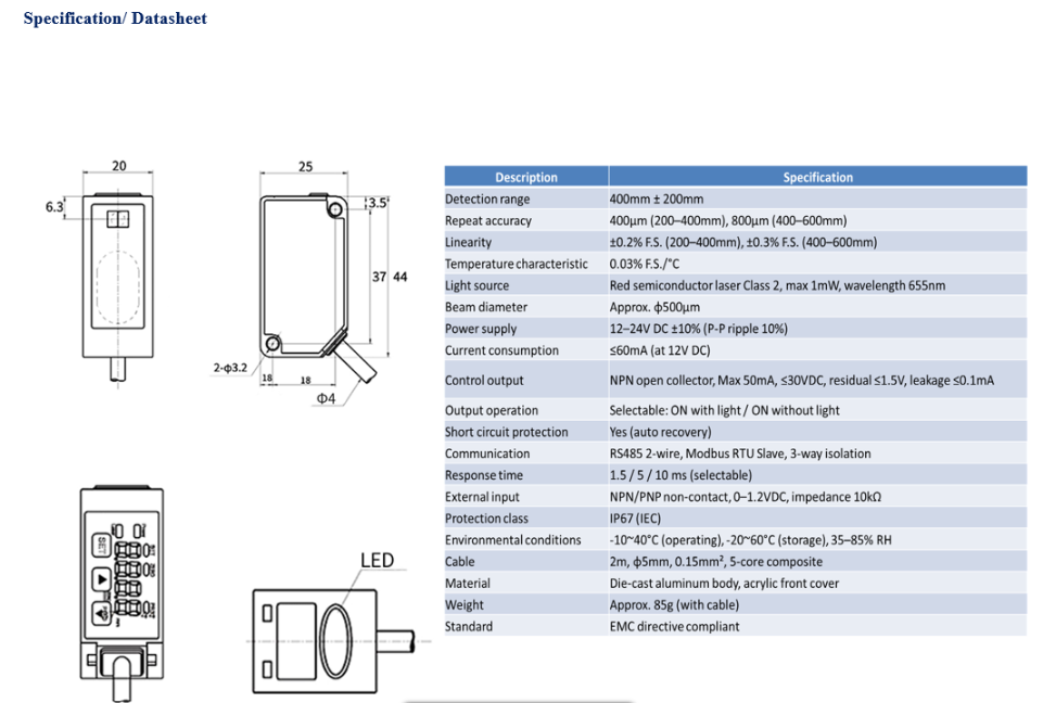 LSD-S40MNVN – Cảm biến khoảng cách laser 400 ± 200 mm, ngõ ra NPN và RS485 Modbus