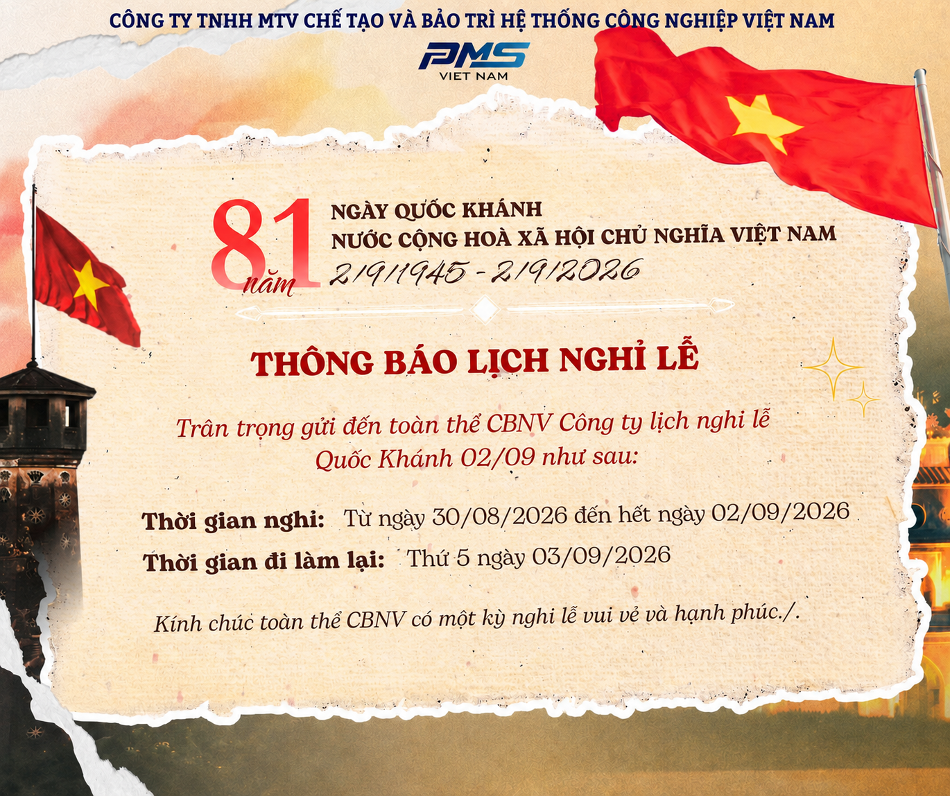 Thông báo lịch nghỉ Lễ Quốc Khánh 02/09/2026 của Công ty